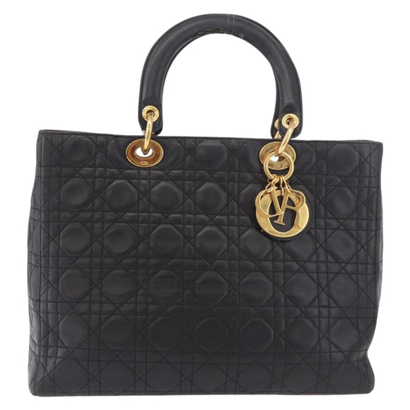 Christian Dior Canage Hand Bag Lamb Skin Black Gold Auth 190981