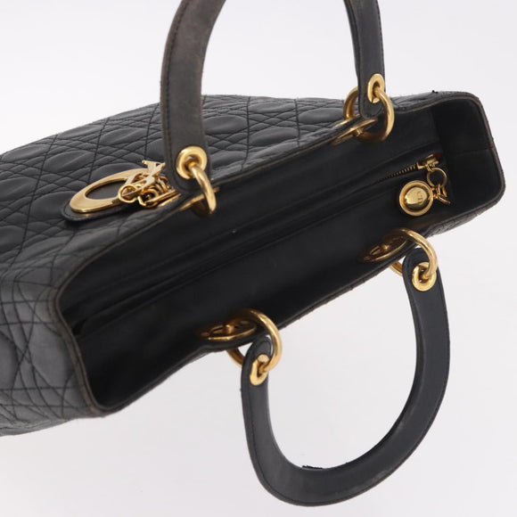 Christian Dior Canage Hand Bag Lamb Skin Black Gold Auth 190981