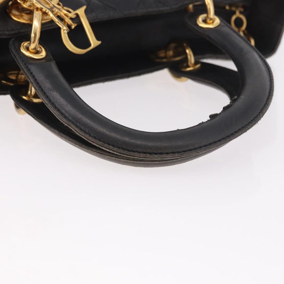 Christian Dior Canage Hand Bag Lamb Skin Black Gold Auth 190981