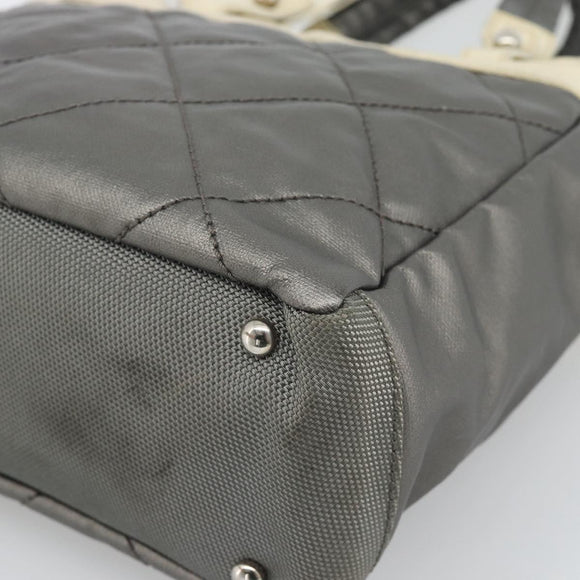 CHANEL Paris Biarritz PM Tote Bag Coated Canvas Silver CC Auth 191000