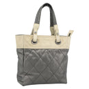 CHANEL Paris Biarritz PM Tote Bag Coated Canvas Silver CC Auth 191000-1