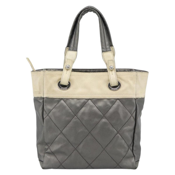 CHANEL Paris Biarritz PM Tote Bag Coated Canvas Silver CC Auth 191000