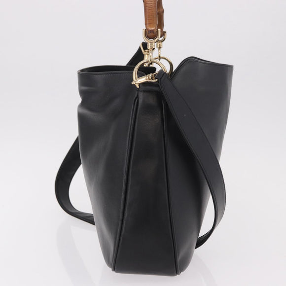 GUCCI Bamboo Hand Bag Leather 2way Black Gold 001 3444 Auth 191028