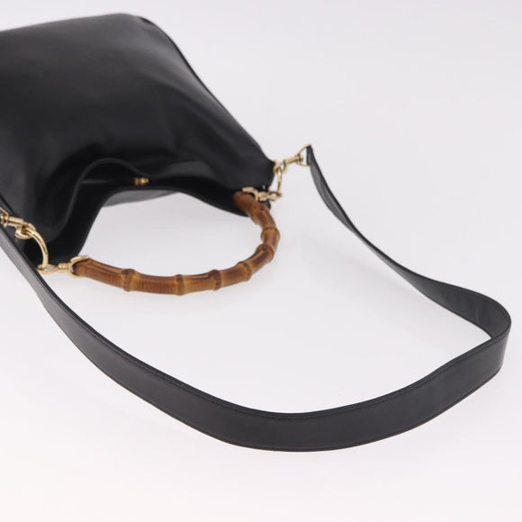 GUCCI Bamboo Hand Bag Leather 2way Black Gold 001 3444 Auth 191028