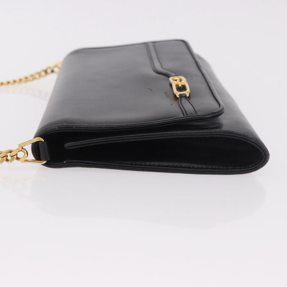 GUCCI Chain Shoulder Bag Leather Black Gold Auth 191035