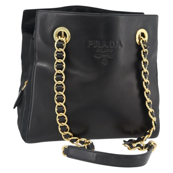 PRADA Chain Shoulder Bag Leather Black Gold Auth 191084A