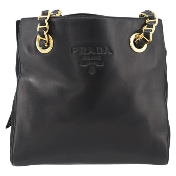 PRADA Chain Shoulder Bag Leather Black Gold Auth 191084A