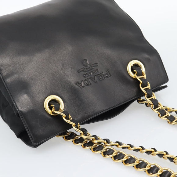PRADA Chain Shoulder Bag Leather Black Gold Auth 191084A
