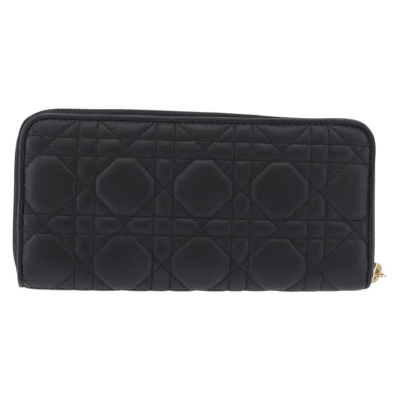 Christian Dior Lady Dior Canage Long Wallet Lamb Skin Black Gold Auth 191131M