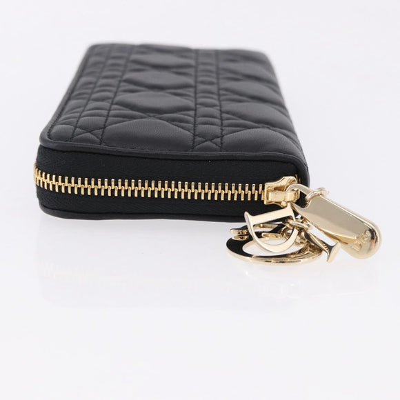 Christian Dior Lady Dior Canage Long Wallet Lamb Skin Black Gold Auth 191131M