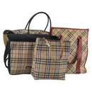 BURBERRY Nova Check Blue Label Bag Canvas nylon 4 Set Brown Beige Auth 191136-1