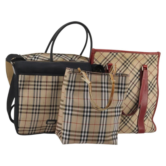 BURBERRY Nova Check Blue Label Bag Canvas nylon 4 Set Brown Beige Auth 191136