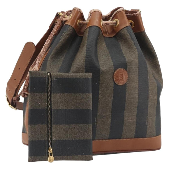 FENDI Pecan Shoulder Bag PVC Leather Black Gold Tone Auth 191181