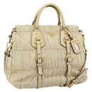 PRADA Gathered Hand Bag Leather 2way Ivory Gold Auth 191302A-1