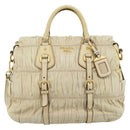 PRADA Gathered Hand Bag Leather 2way Ivory Gold Auth 191302A-2