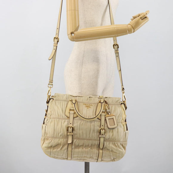 PRADA Gathered Hand Bag Leather 2way Ivory Gold Auth 191302A