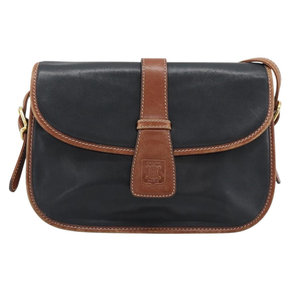 CELINE Shoulder Bag Leather Black Gold Auth 191330