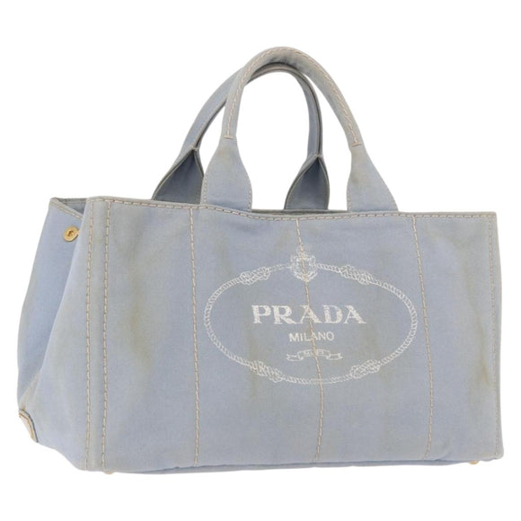 PRADA Canapa MM Hand Bag Canvas Light Blue Gold Auth 191363