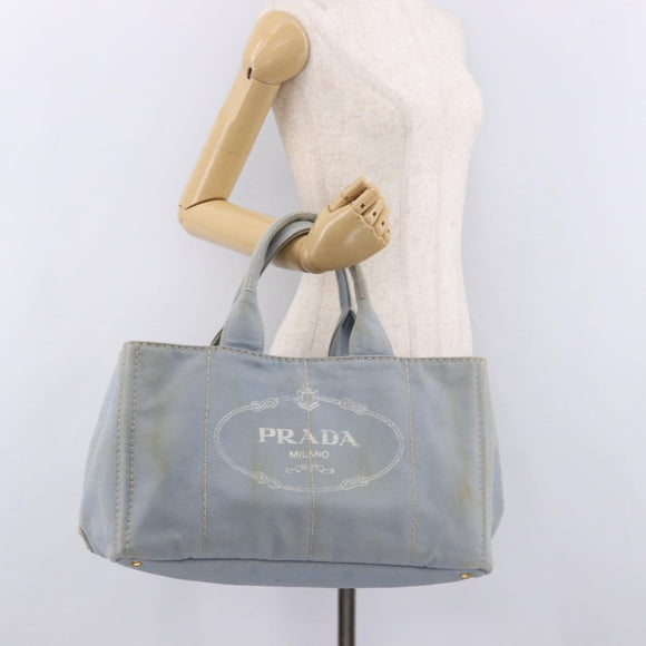 PRADA Canapa MM Hand Bag Canvas Light Blue Gold Auth 191363