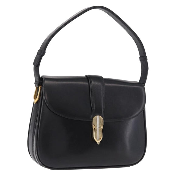 GUCCI Shoulder Bag Leather Black Gold Auth 191364