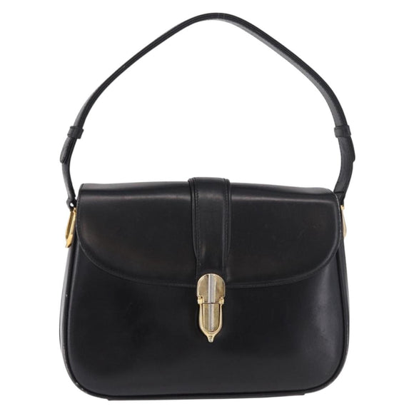 GUCCI Shoulder Bag Leather Black Gold Auth 191364