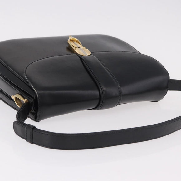 GUCCI Shoulder Bag Leather Black Gold Auth 191364