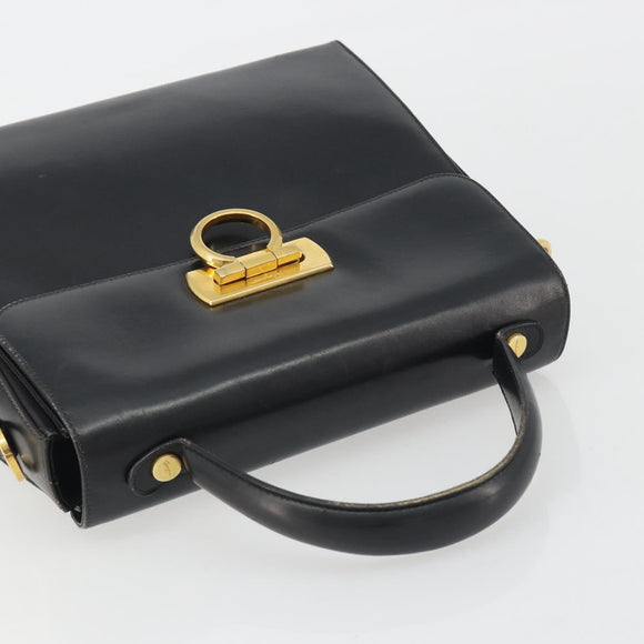 Salvatore Ferragamo Gancini Hand Bag Leather Black Gold Auth 191365