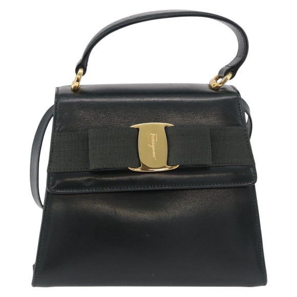 Salvatore Ferragamo Vala Hand Bag Leather 2way Green Gold Auth 191369A