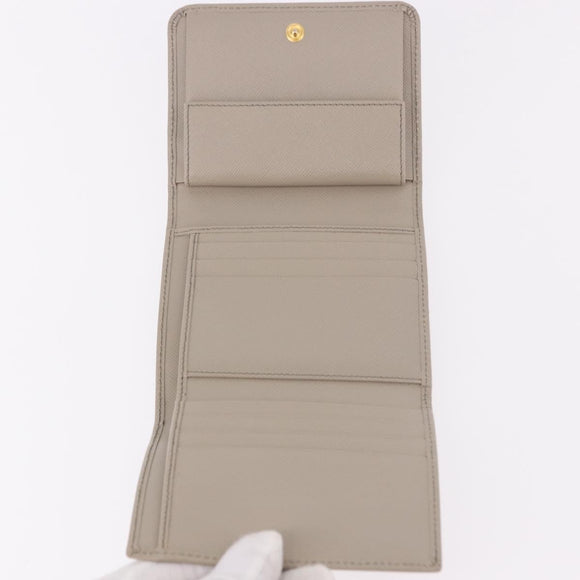 PRADA Compact Wallet Safiano Leather Gray Gold Auth 191383V