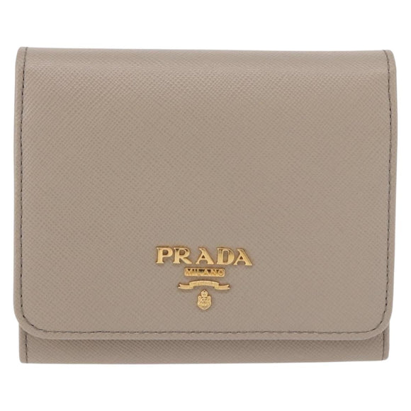 PRADA Compact Wallet Safiano Leather Gray Gold Auth 191383V