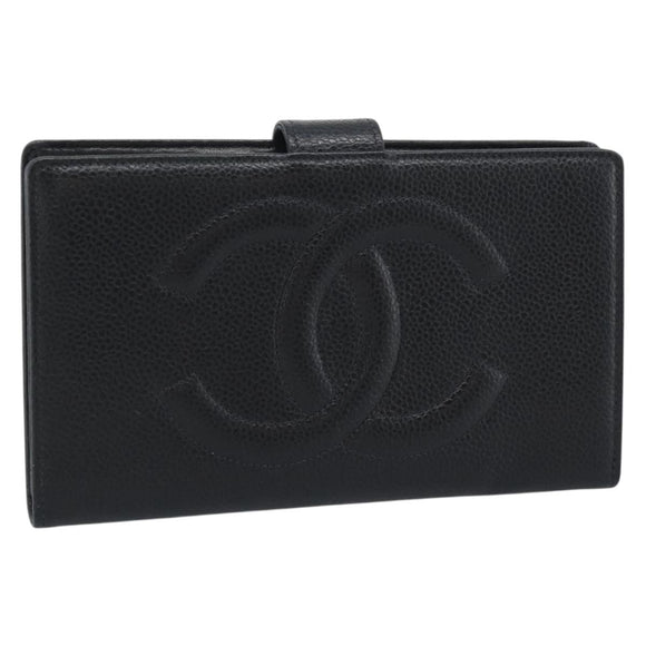 CHANEL COCO Mark Long Wallet Caviar Skin Black Gold CC Auth 191387V
