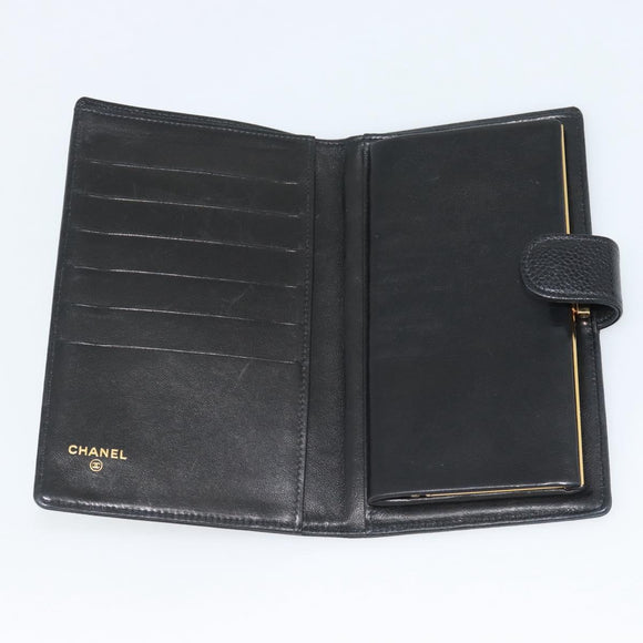 CHANEL COCO Mark Long Wallet Caviar Skin Black Gold CC Auth 191387V