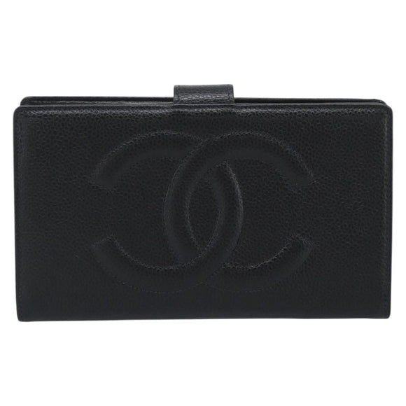 CHANEL COCO Mark Long Wallet Caviar Skin Black Gold CC Auth 191387V
