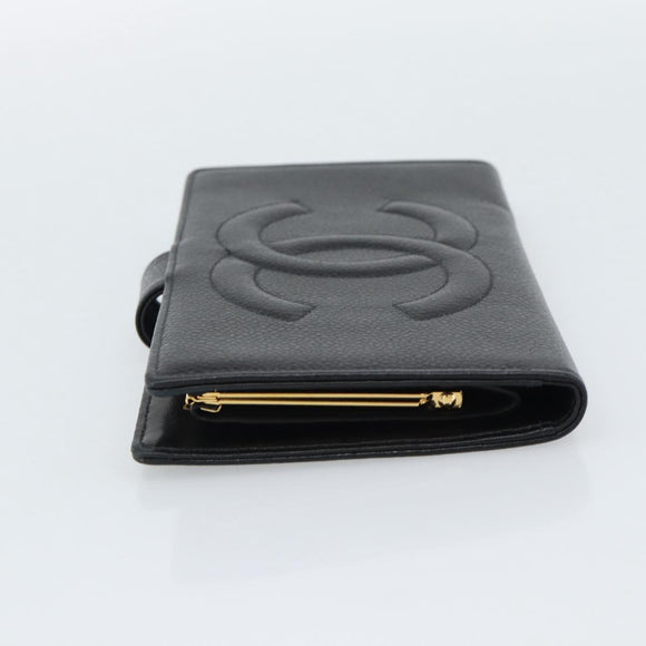 CHANEL COCO Mark Long Wallet Caviar Skin Black Gold CC Auth 191387V