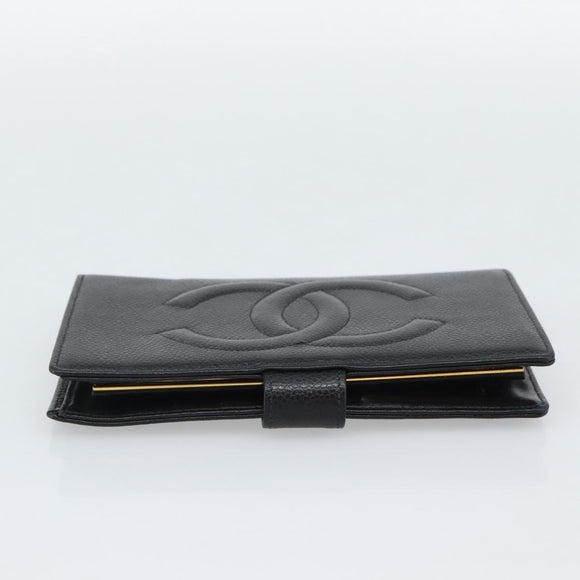 CHANEL COCO Mark Long Wallet Caviar Skin Black Gold CC Auth 191387V