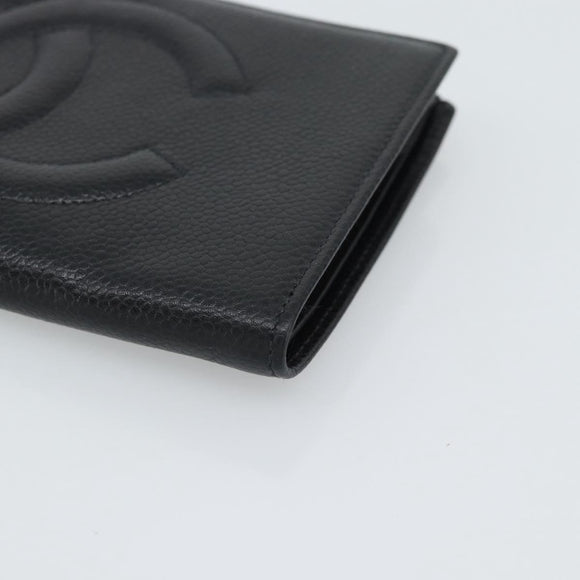 CHANEL COCO Mark Long Wallet Caviar Skin Black Gold CC Auth 191387V
