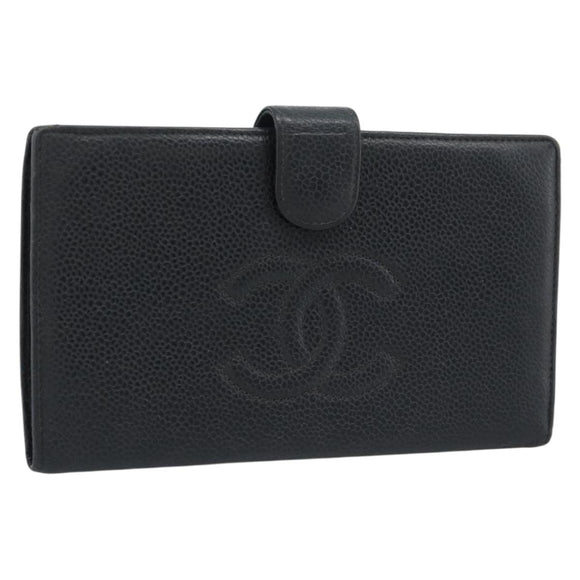 CHANEL COCO Mark Long Wallet Caviar Skin Black Gold CC Auth 191388