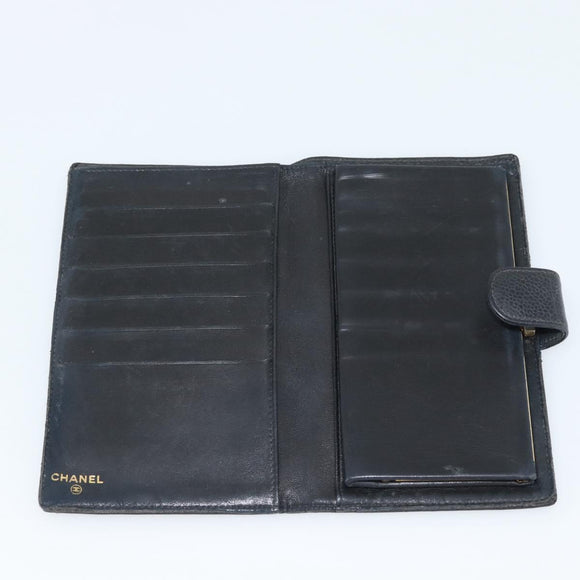 CHANEL COCO Mark Long Wallet Caviar Skin Black Gold CC Auth 191388
