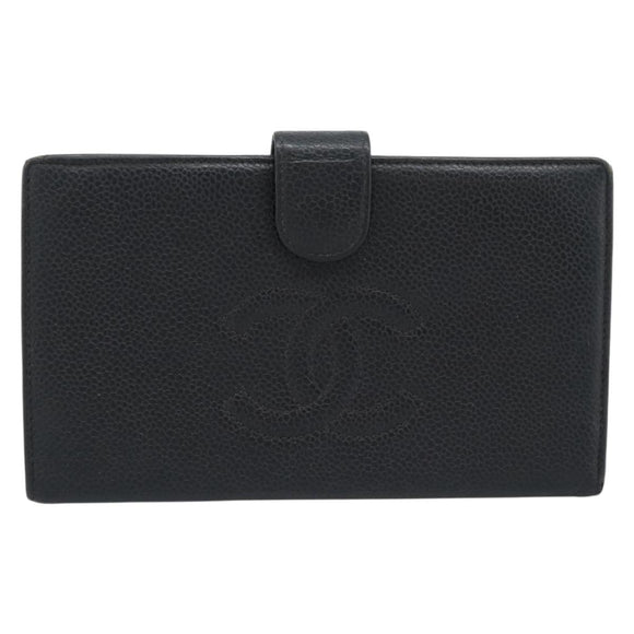 CHANEL COCO Mark Long Wallet Caviar Skin Black Gold CC Auth 191388