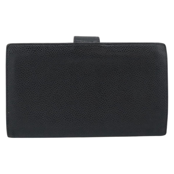 CHANEL COCO Mark Long Wallet Caviar Skin Black Gold CC Auth 191388
