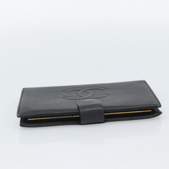 CHANEL COCO Mark Long Wallet Caviar Skin Black Gold CC Auth 191388