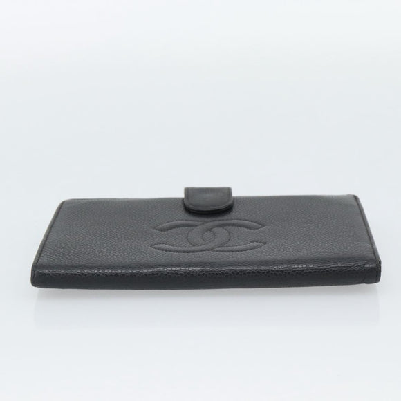 CHANEL COCO Mark Long Wallet Caviar Skin Black Gold CC Auth 191388