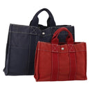HERMES Hand Bag Canvas 2 Set Red Navy Auth 191436-1