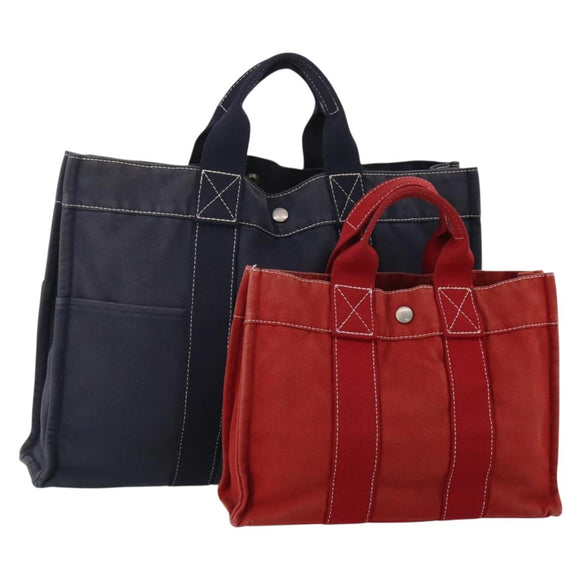 HERMES Hand Bag Canvas 2 Set Red Navy Auth 191436
