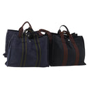 HERMES Fourre Tout MM Hand Bag Canvas 5 Set Navy Black Auth 191437-1