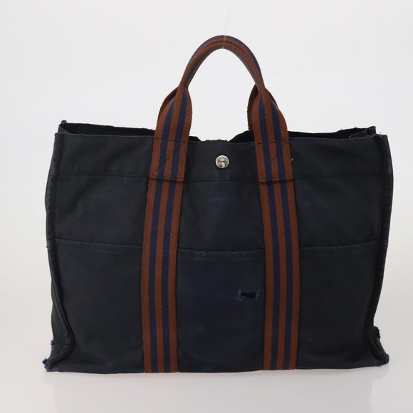 HERMES Fourre Tout MM Hand Bag Canvas 5 Set Navy Black Auth 191437
