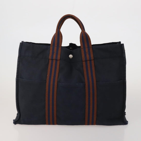 HERMES Fourre Tout MM Hand Bag Canvas 5 Set Navy Black Auth 191437