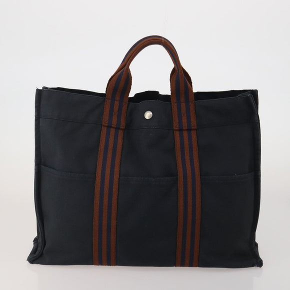 HERMES Fourre Tout MM Hand Bag Canvas 5 Set Navy Black Auth 191437