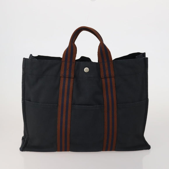 HERMES Fourre Tout MM Hand Bag Canvas 5 Set Navy Black Auth 191437