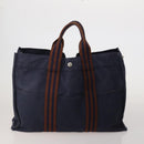 HERMES Fourre Tout MM Hand Bag Canvas 5 Set Navy Black Auth 191437-2